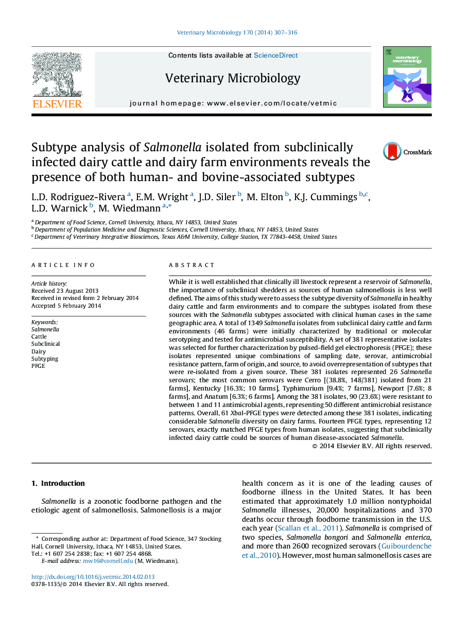 Subtype analysis of Salmonella isolated from subclinically infected dairy cattle and dairy farm environments reveals the presence of both human- and bovine-associated subtypes