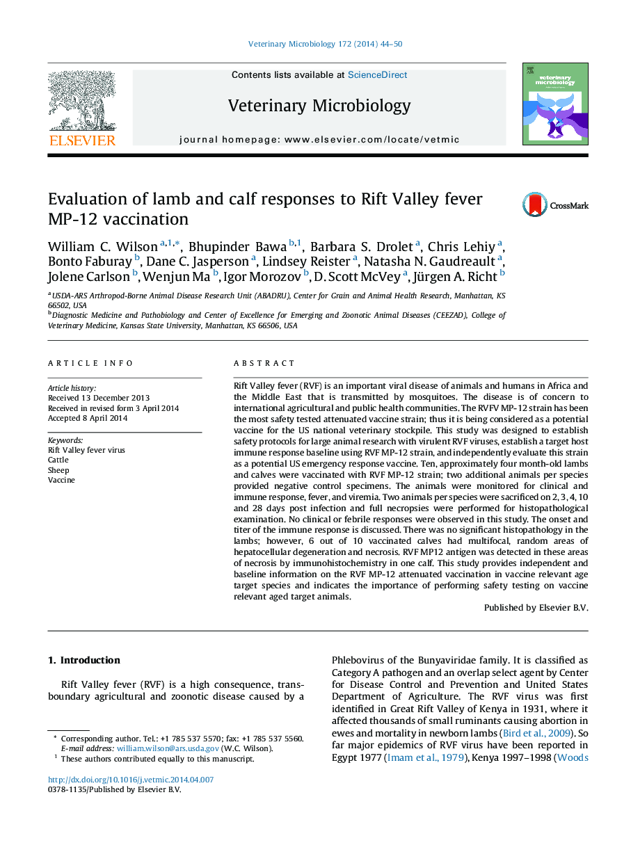 Evaluation of lamb and calf responses to Rift Valley fever MP-12 vaccination
