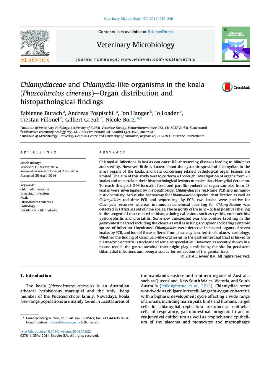 Chlamydiaceae and Chlamydia-like organisms in the koala (Phascolarctos cinereus)-Organ distribution and histopathological findings