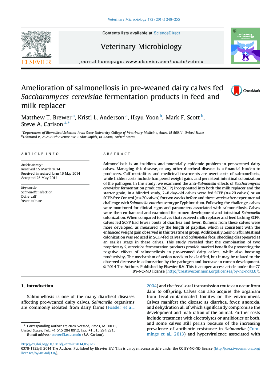 Amelioration of salmonellosis in pre-weaned dairy calves fed Saccharomyces cerevisiae fermentation products in feed and milk replacer