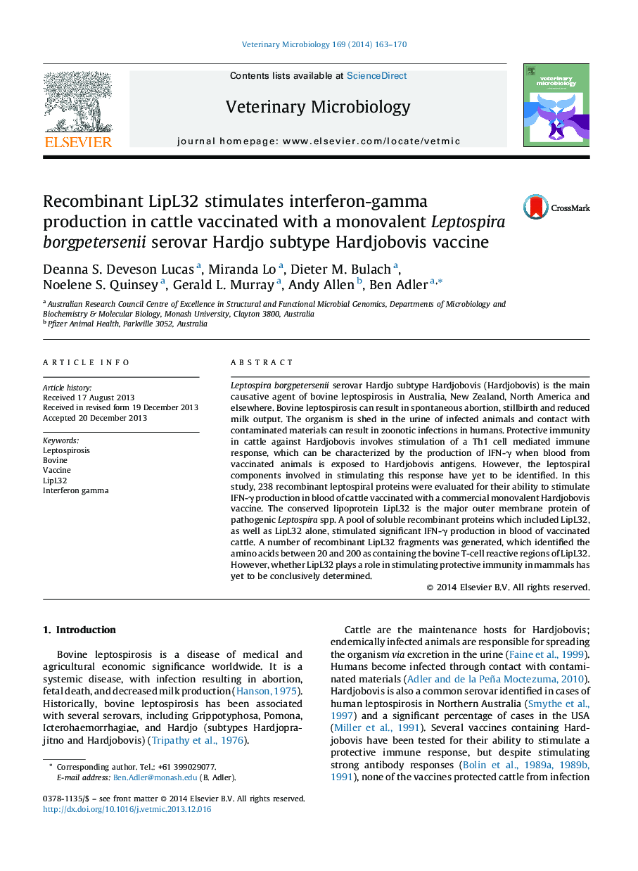 Recombinant LipL32 stimulates interferon-gamma production in cattle vaccinated with a monovalent Leptospira borgpetersenii serovar Hardjo subtype Hardjobovis vaccine