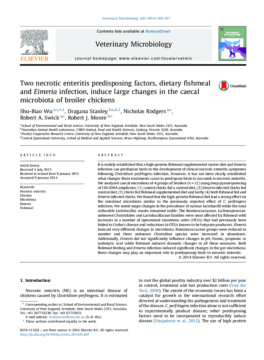 Two necrotic enteritis predisposing factors, dietary fishmeal and Eimeria infection, induce large changes in the caecal microbiota of broiler chickens