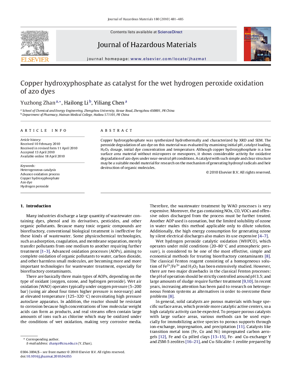 Copper hydroxyphosphate as catalyst for the wet hydrogen peroxide oxidation of azo dyes