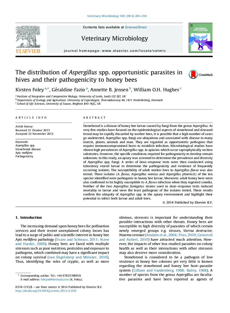 عکس صفحه اول مقاله: The distribution of Aspergillus spp. opportunistic parasites in hives and their pathogenicity to honey bees The distribution of Aspergillus spp. opportunistic parasites in hives and their pathogenicity to honey bees