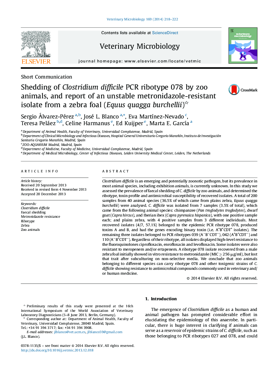 Shedding of Clostridium difficile PCR ribotype 078 by zoo animals, and report of an unstable metronidazole-resistant isolate from a zebra foal (Equus quagga burchellii)