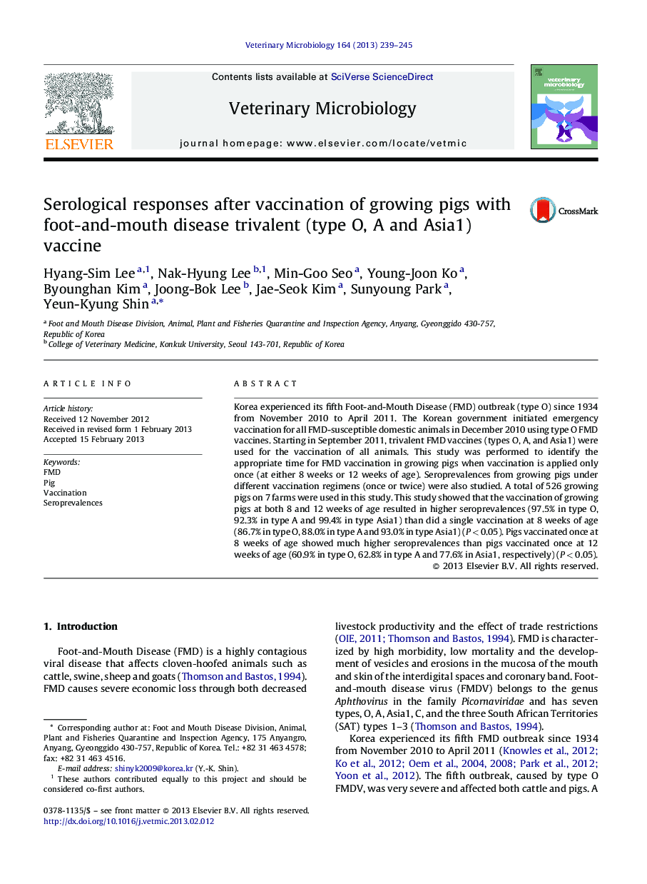 Serological responses after vaccination of growing pigs with foot-and-mouth disease trivalent (type O, A and Asia1) vaccine