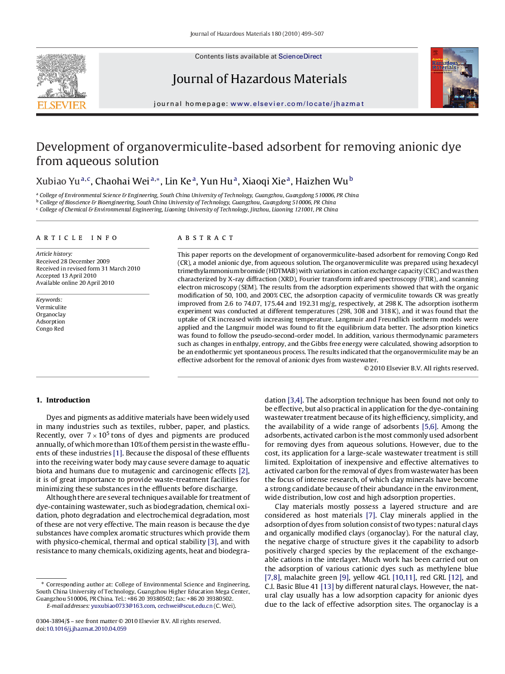 Development of organovermiculite-based adsorbent for removing anionic dye from aqueous solution