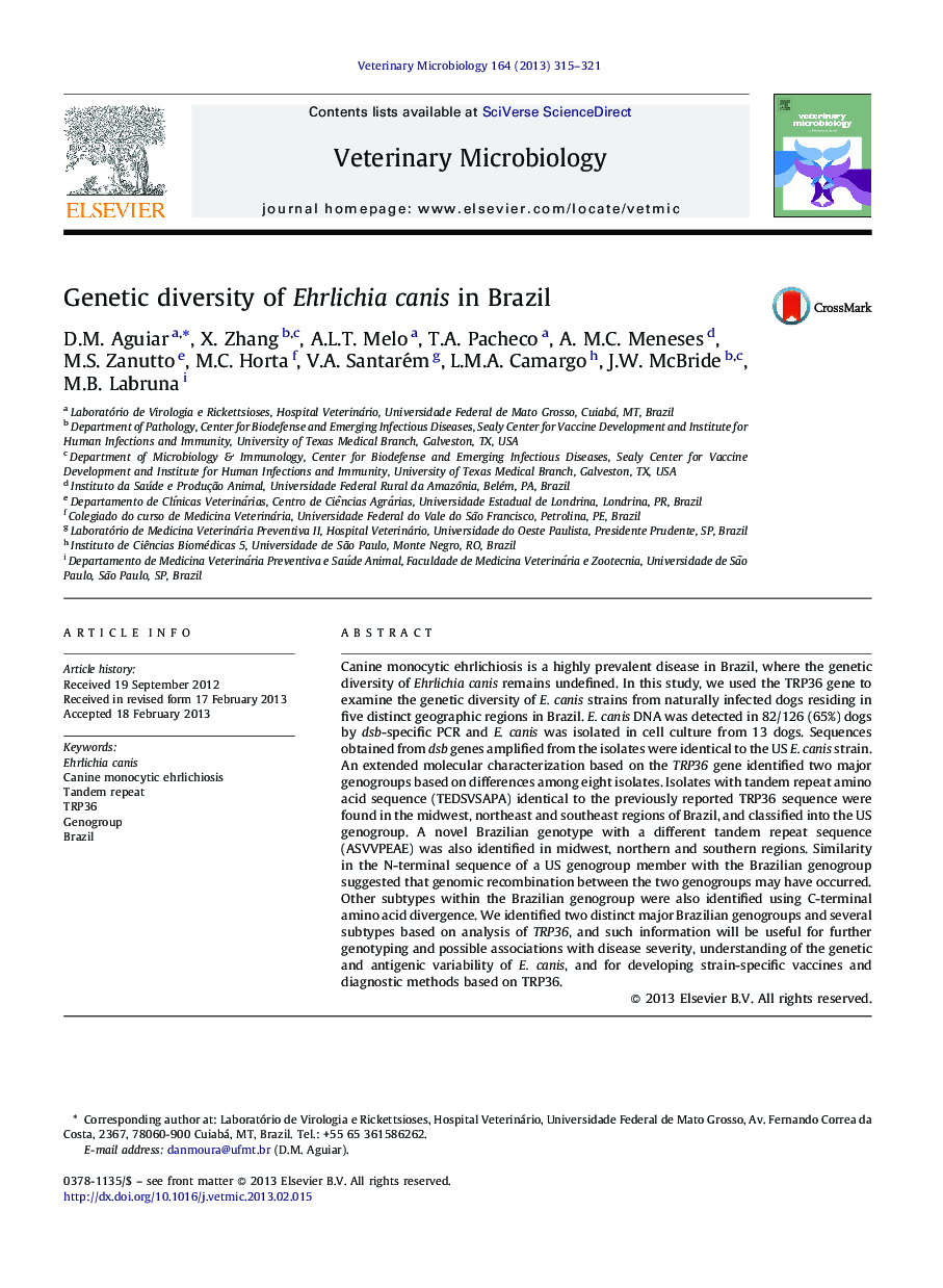 عکس صفحه اول مقاله: Genetic diversity of Ehrlichia canis in Brazil Genetic diversity of Ehrlichia canis in Brazil