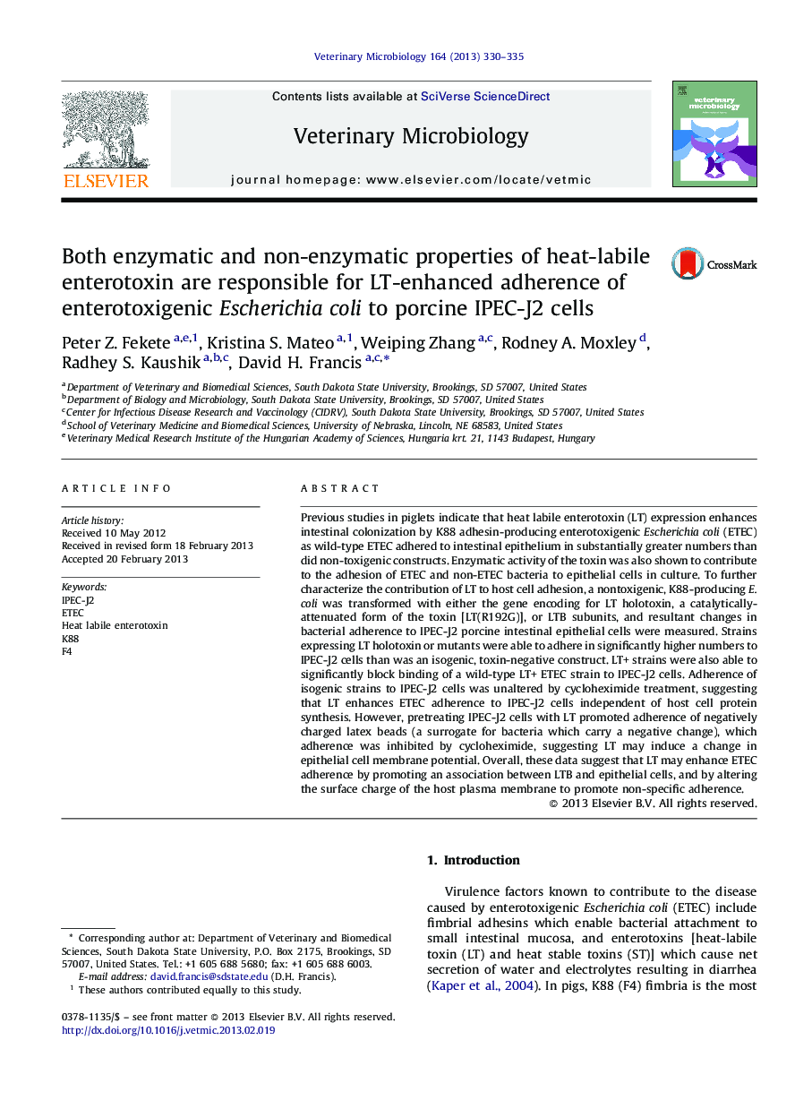 Both enzymatic and non-enzymatic properties of heat-labile enterotoxin are responsible for LT-enhanced adherence of enterotoxigenic Escherichia coli to porcine IPEC-J2 cells