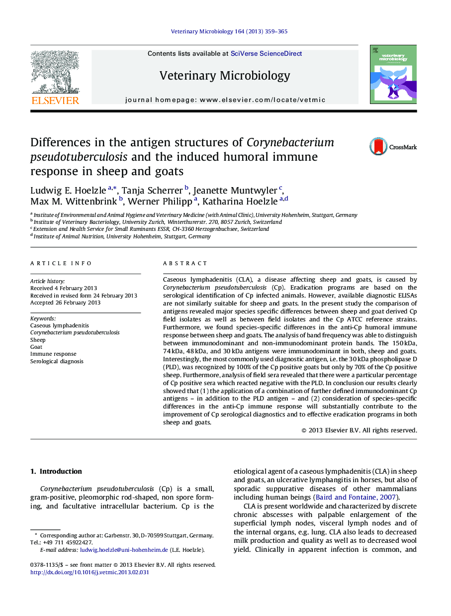 Differences in the antigen structures of Corynebacterium pseudotuberculosis and the induced humoral immune response in sheep and goats