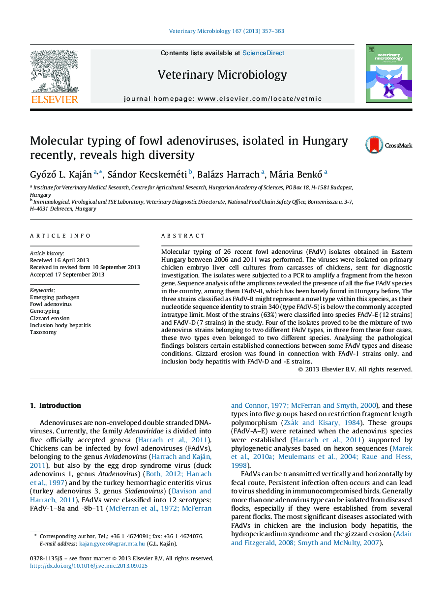 Molecular typing of fowl adenoviruses, isolated in Hungary recently, reveals high diversity