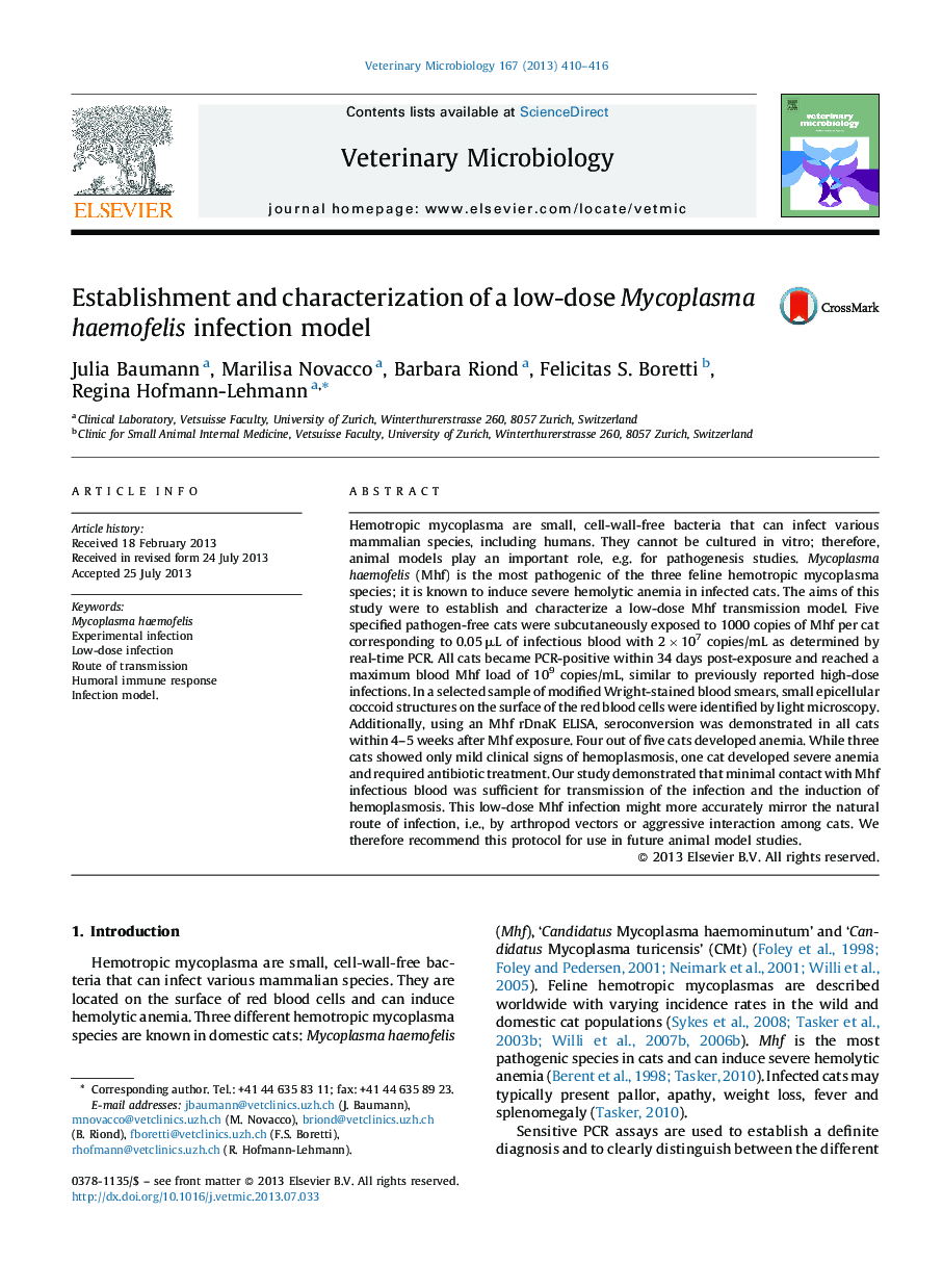 Establishment and characterization of a low-dose Mycoplasma haemofelis infection model