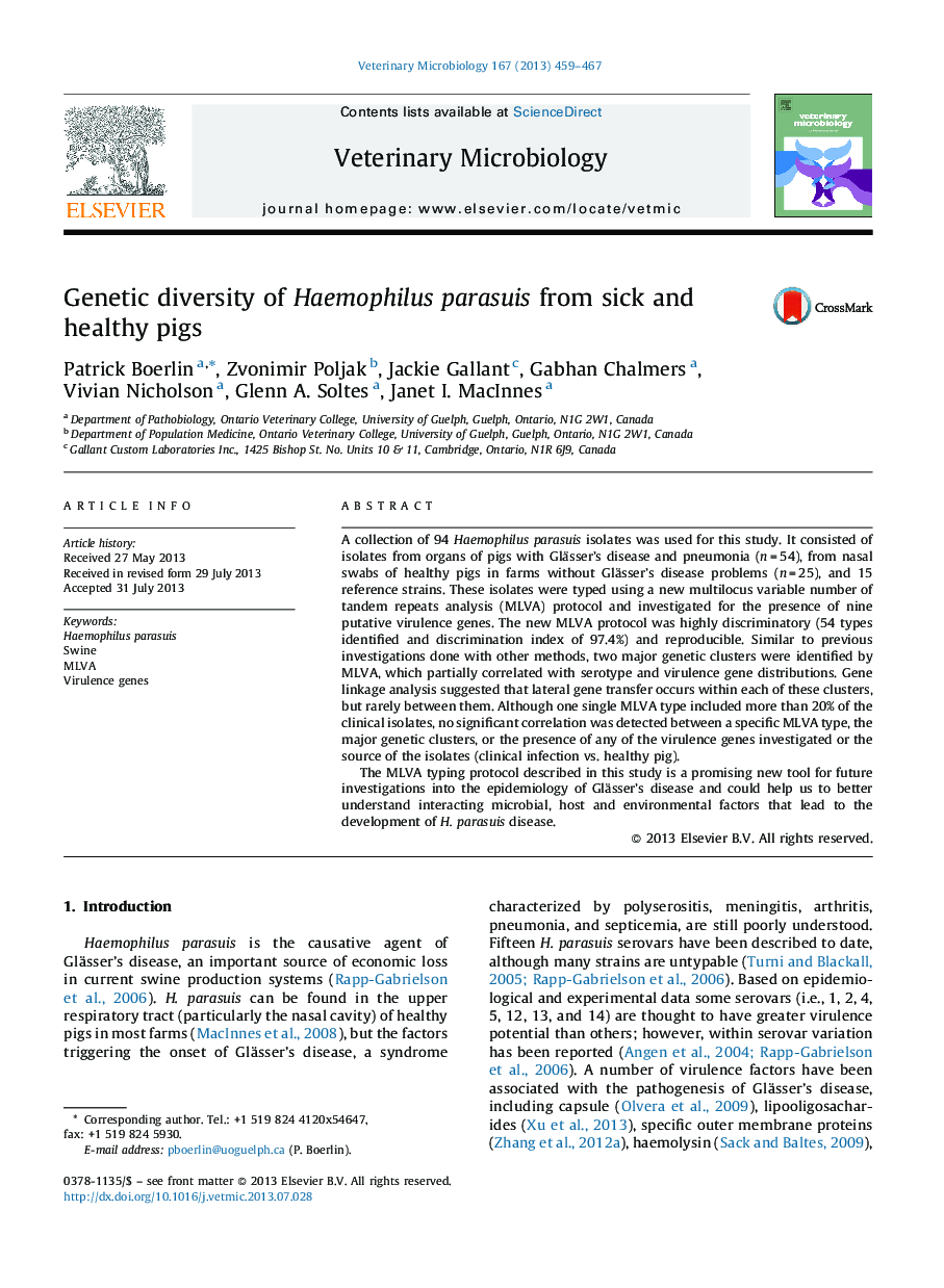 Genetic diversity of Haemophilus parasuis from sick and healthy pigs