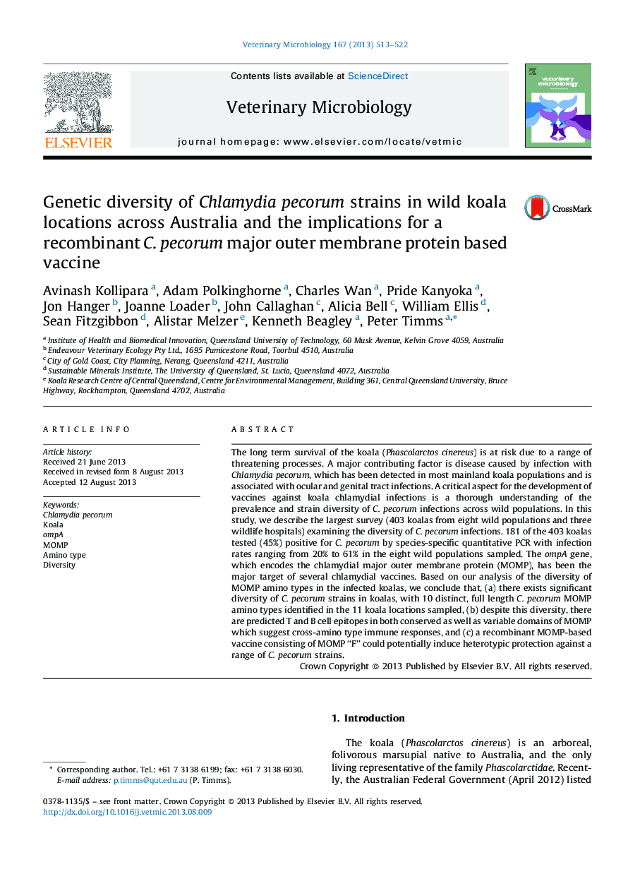 Genetic diversity of Chlamydia pecorum strains in wild koala locations across Australia and the implications for a recombinant C. pecorum major outer membrane protein based vaccine