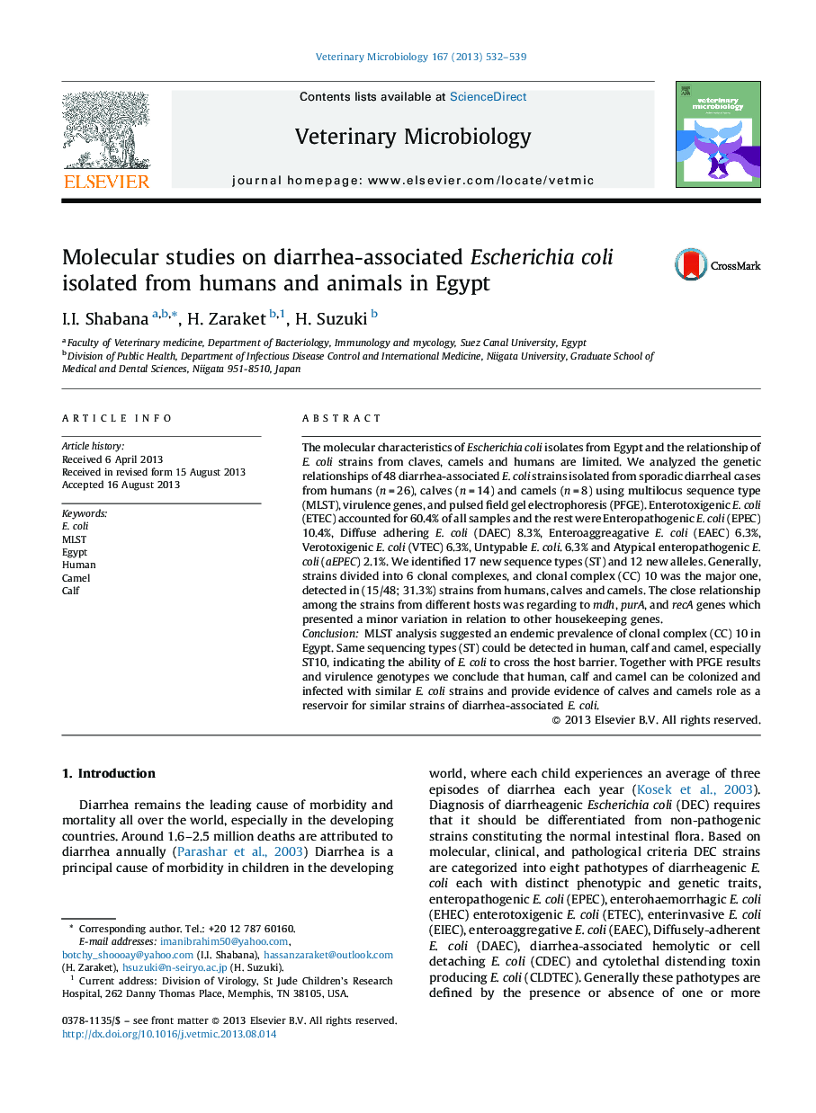 Molecular studies on diarrhea-associated Escherichia coli isolated from humans and animals in Egypt