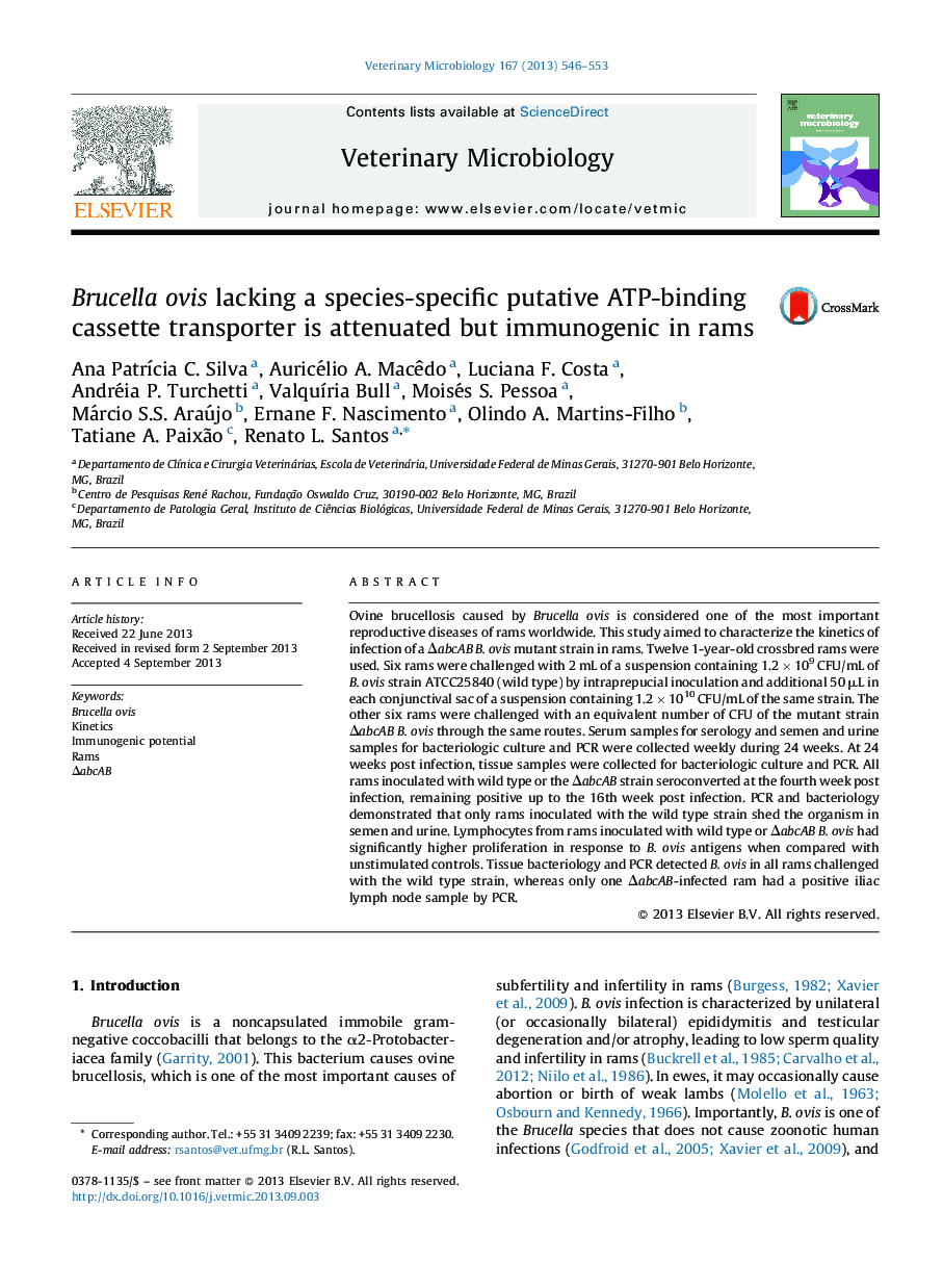 Brucella ovis lacking a species-specific putative ATP-binding cassette transporter is attenuated but immunogenic in rams