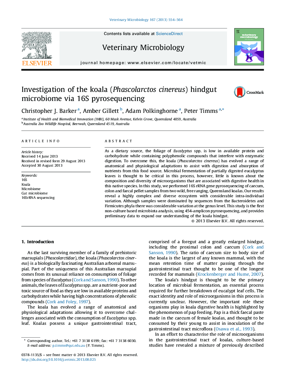 Investigation of the koala (Phascolarctos cinereus) hindgut microbiome via 16S pyrosequencing