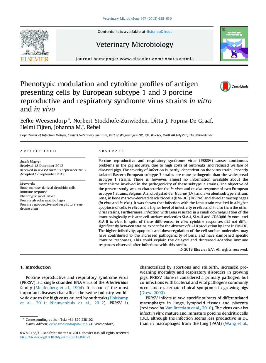 Phenotypic modulation and cytokine profiles of antigen presenting cells by European subtype 1 and 3 porcine reproductive and respiratory syndrome virus strains in vitro and in vivo