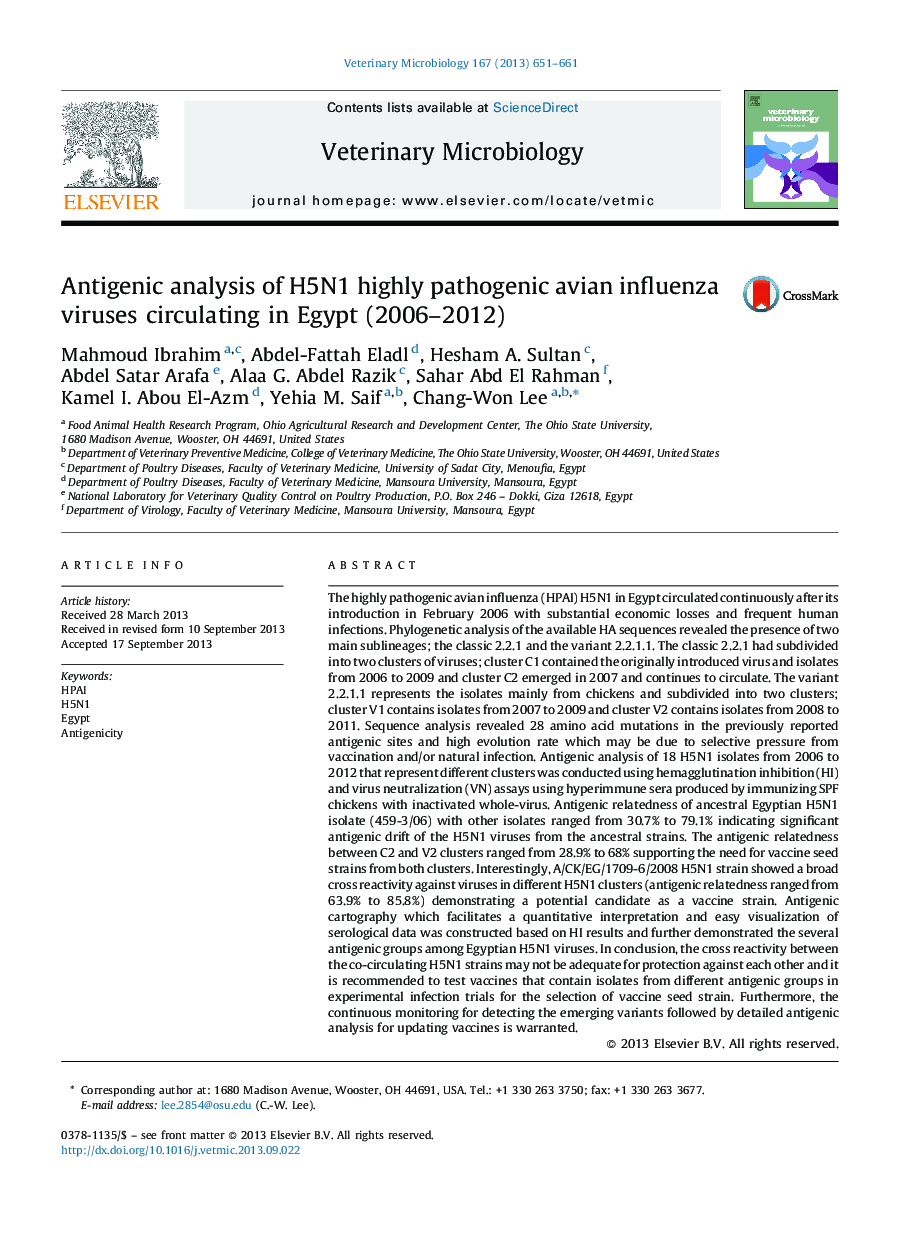 Antigenic analysis of H5N1 highly pathogenic avian influenza viruses circulating in Egypt (2006-2012)