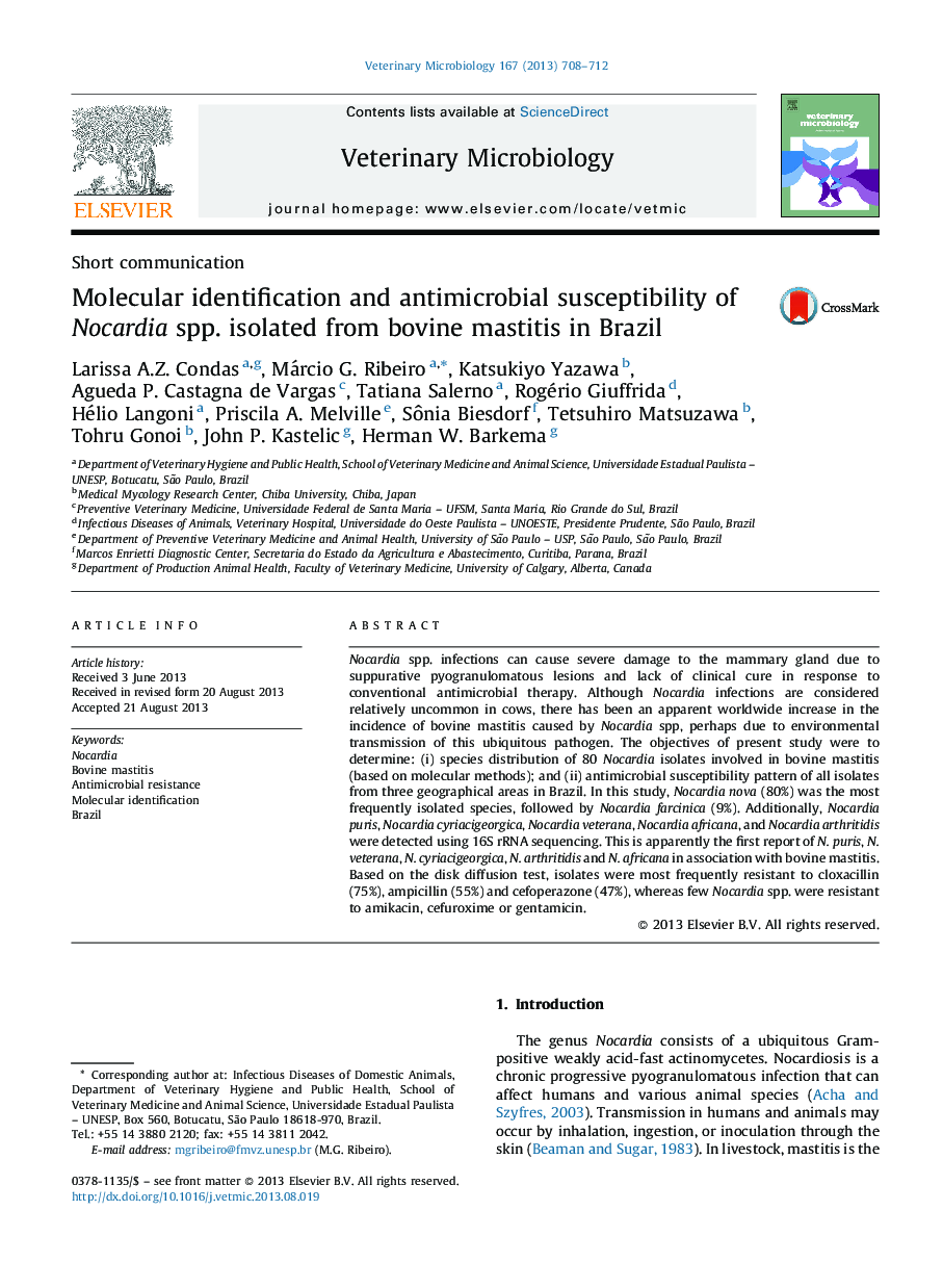 Molecular identification and antimicrobial susceptibility of Nocardia spp. isolated from bovine mastitis in Brazil