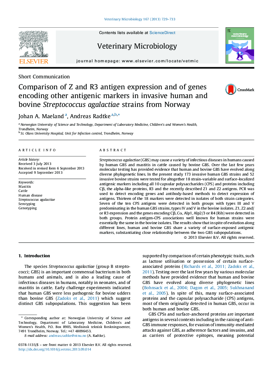 Comparison of Z and R3 antigen expression and of genes encoding other antigenic markers in invasive human and bovine Streptococcus agalactiae strains from Norway