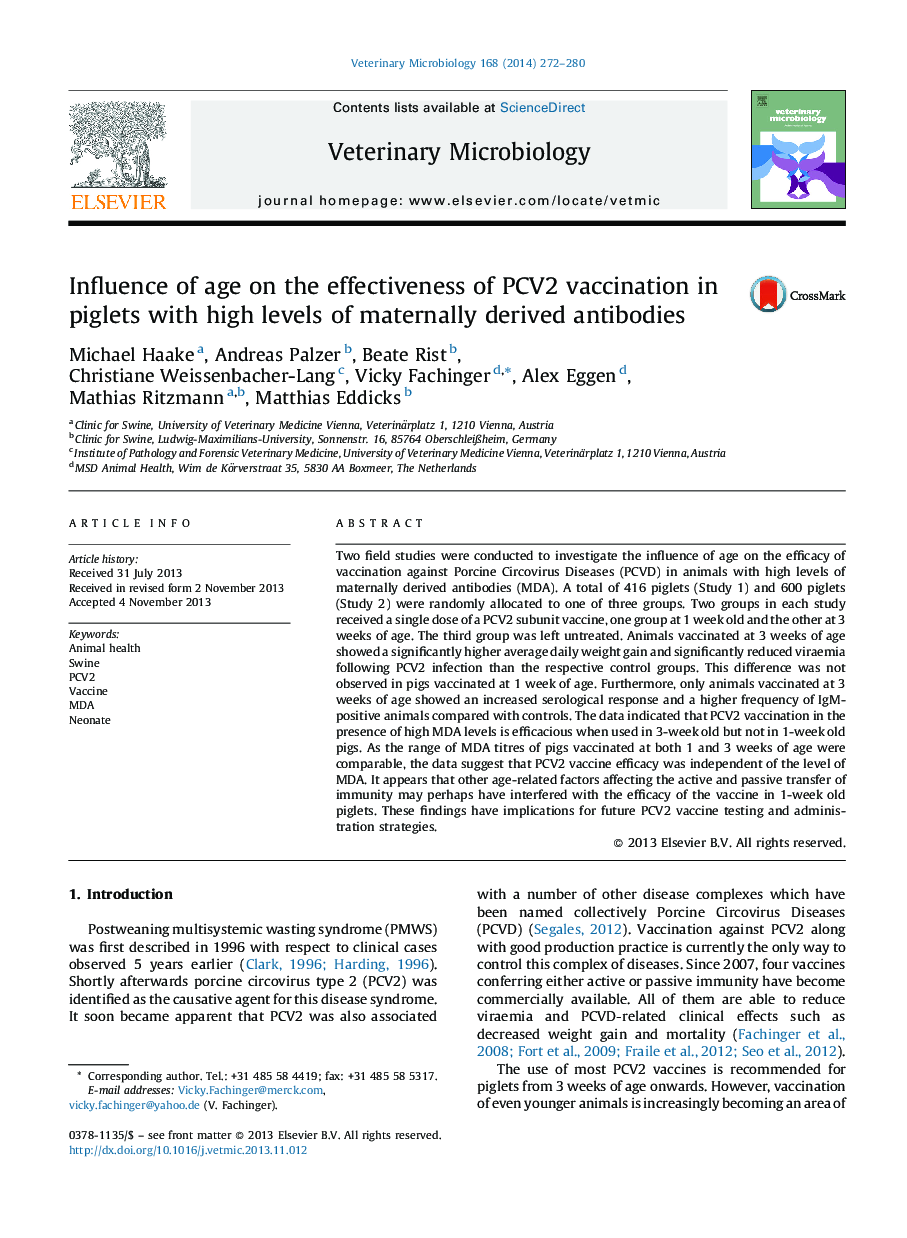 Influence of age on the effectiveness of PCV2 vaccination in piglets with high levels of maternally derived antibodies