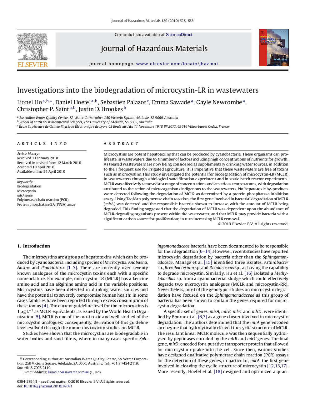 Investigations into the biodegradation of microcystin-LR in wastewaters