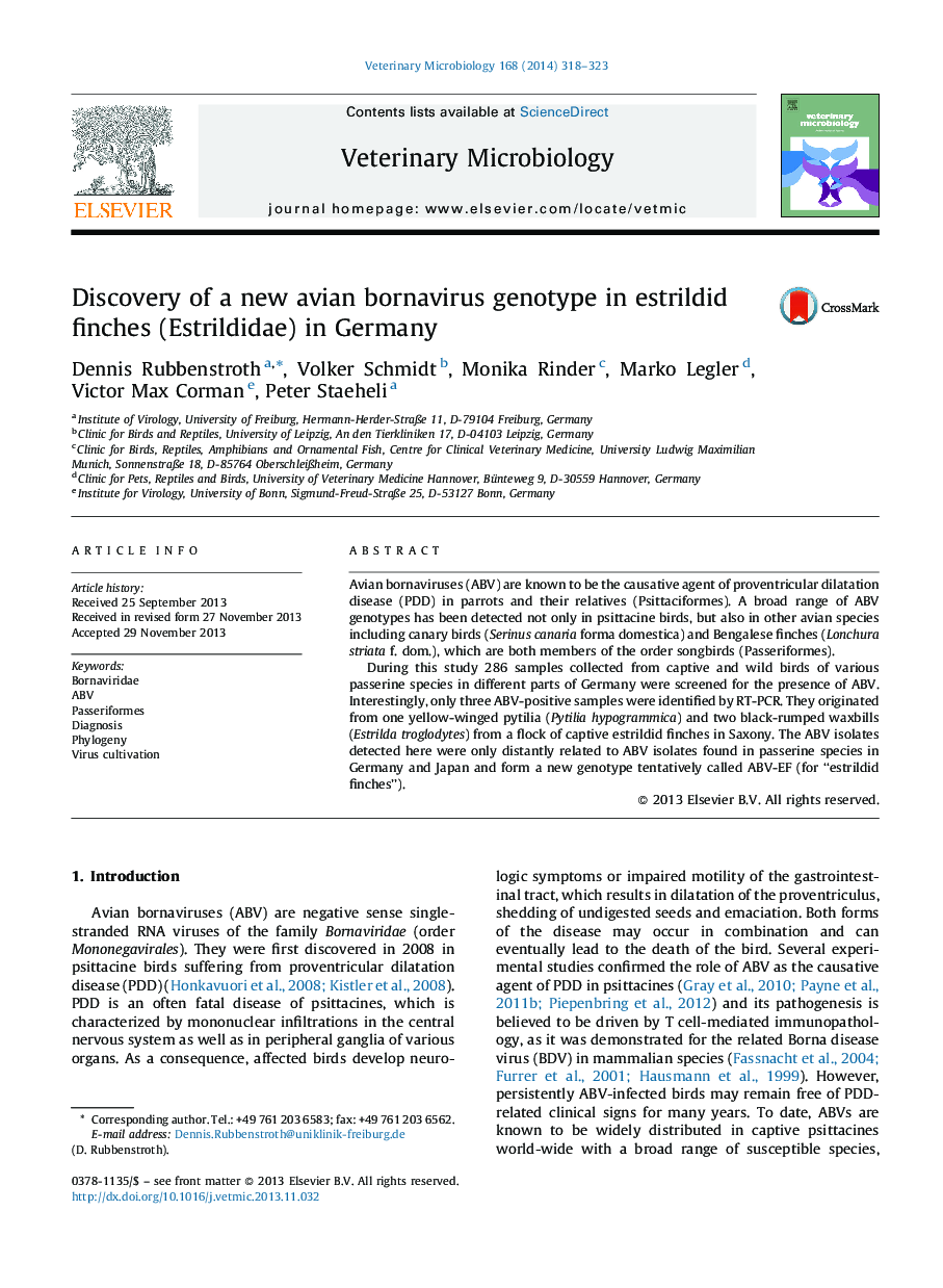 Discovery of a new avian bornavirus genotype in estrildid finches (Estrildidae) in Germany