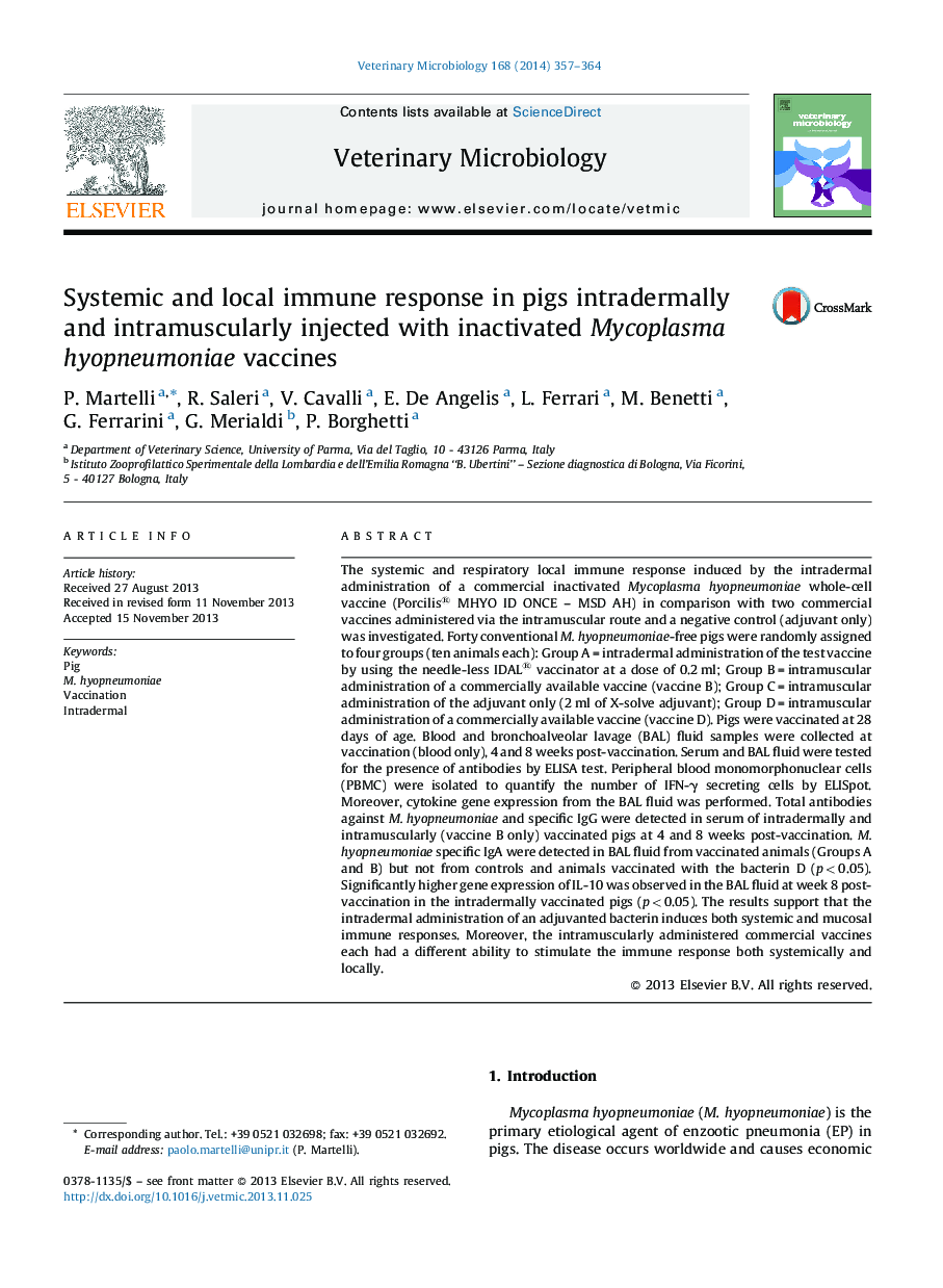 Systemic and local immune response in pigs intradermally and intramuscularly injected with inactivated Mycoplasma hyopneumoniae vaccines