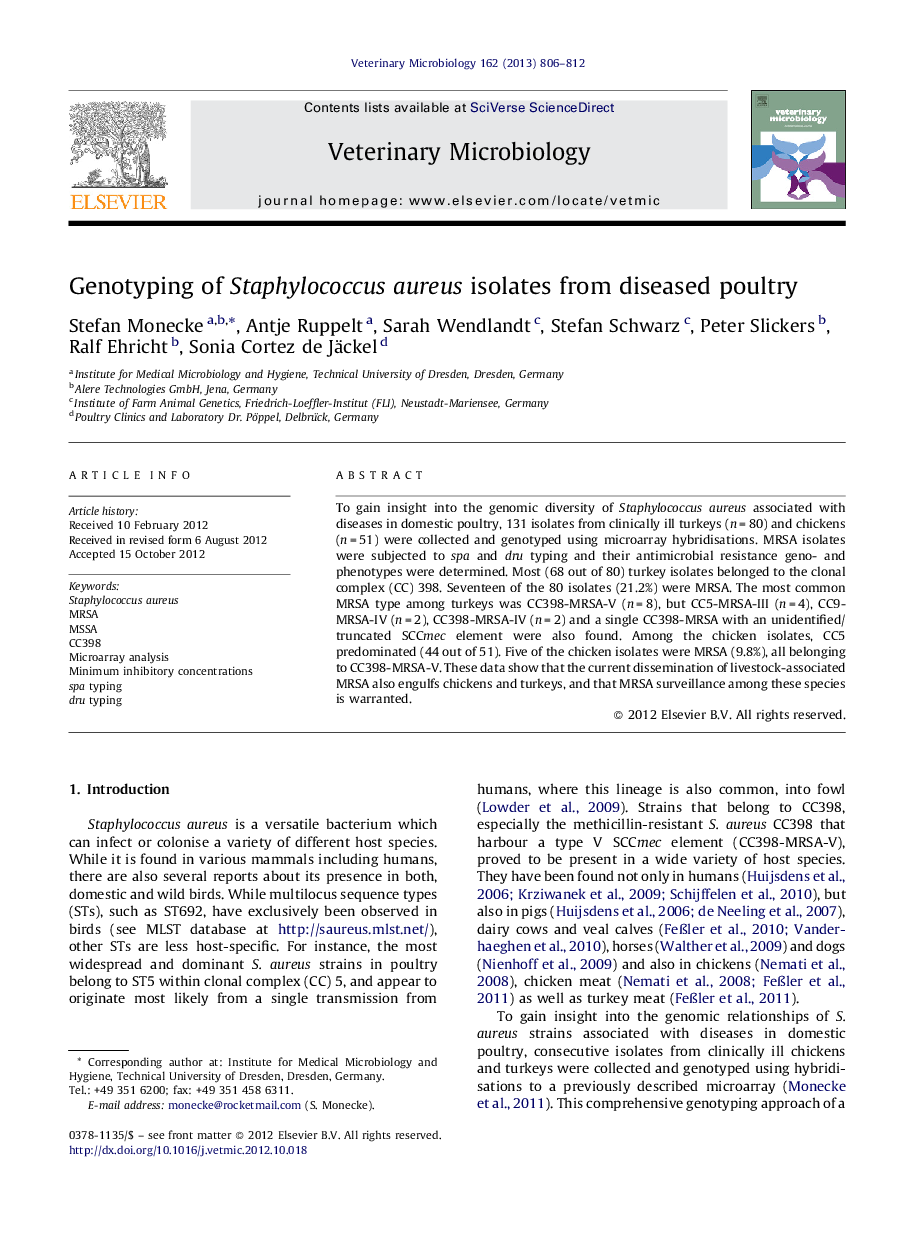 Genotyping of Staphylococcus aureus isolates from diseased poultry