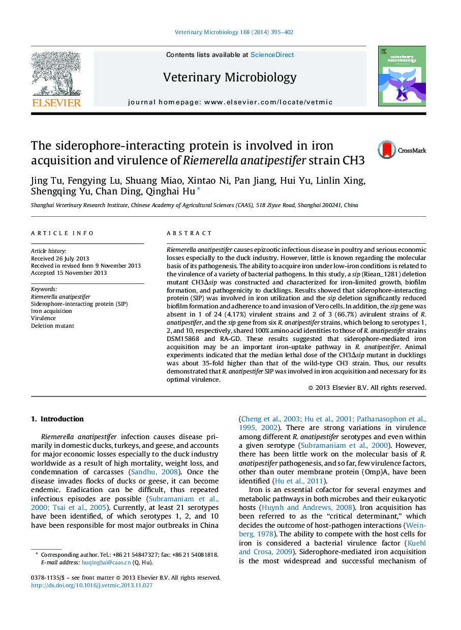 The siderophore-interacting protein is involved in iron acquisition and virulence of Riemerella anatipestifer strain CH3