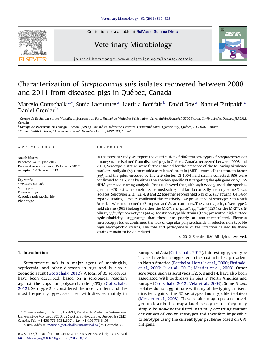 Characterization of Streptococcus suis isolates recovered between 2008 and 2011 from diseased pigs in Québec, Canada