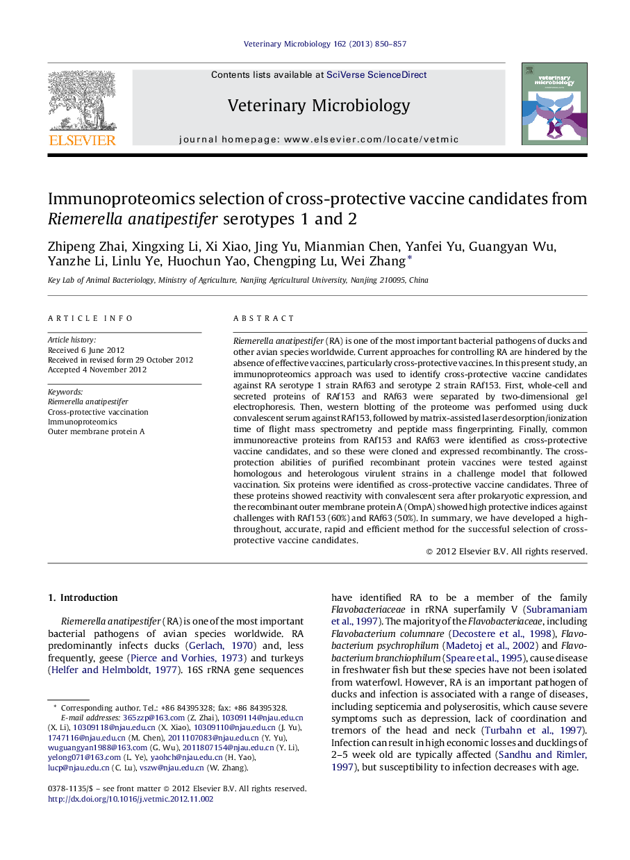 Immunoproteomics selection of cross-protective vaccine candidates from Riemerella anatipestifer serotypes 1 and 2