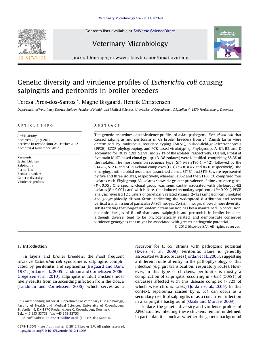 Genetic diversity and virulence profiles of Escherichia coli causing salpingitis and peritonitis in broiler breeders