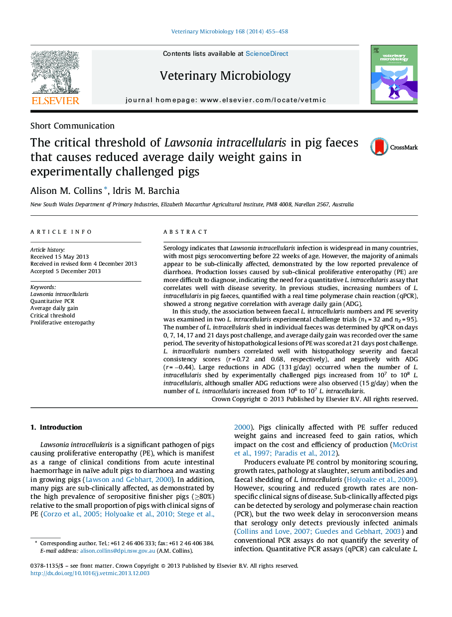 The critical threshold of Lawsonia intracellularis in pig faeces that causes reduced average daily weight gains in experimentally challenged pigs