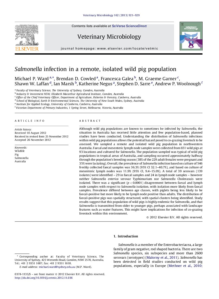 Salmonella infection in a remote, isolated wild pig population