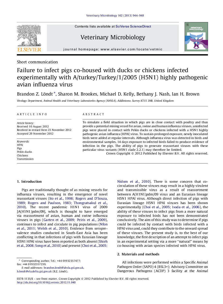 Failure to infect pigs co-housed with ducks or chickens infected experimentally with A/turkey/Turkey/1/2005 (H5N1) highly pathogenic avian influenza virus