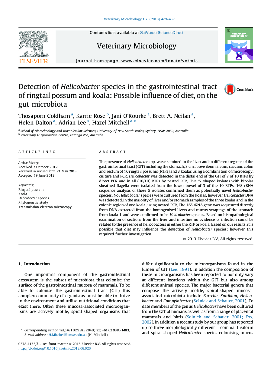 Detection of Helicobacter species in the gastrointestinal tract of ringtail possum and koala: Possible influence of diet, on the gut microbiota