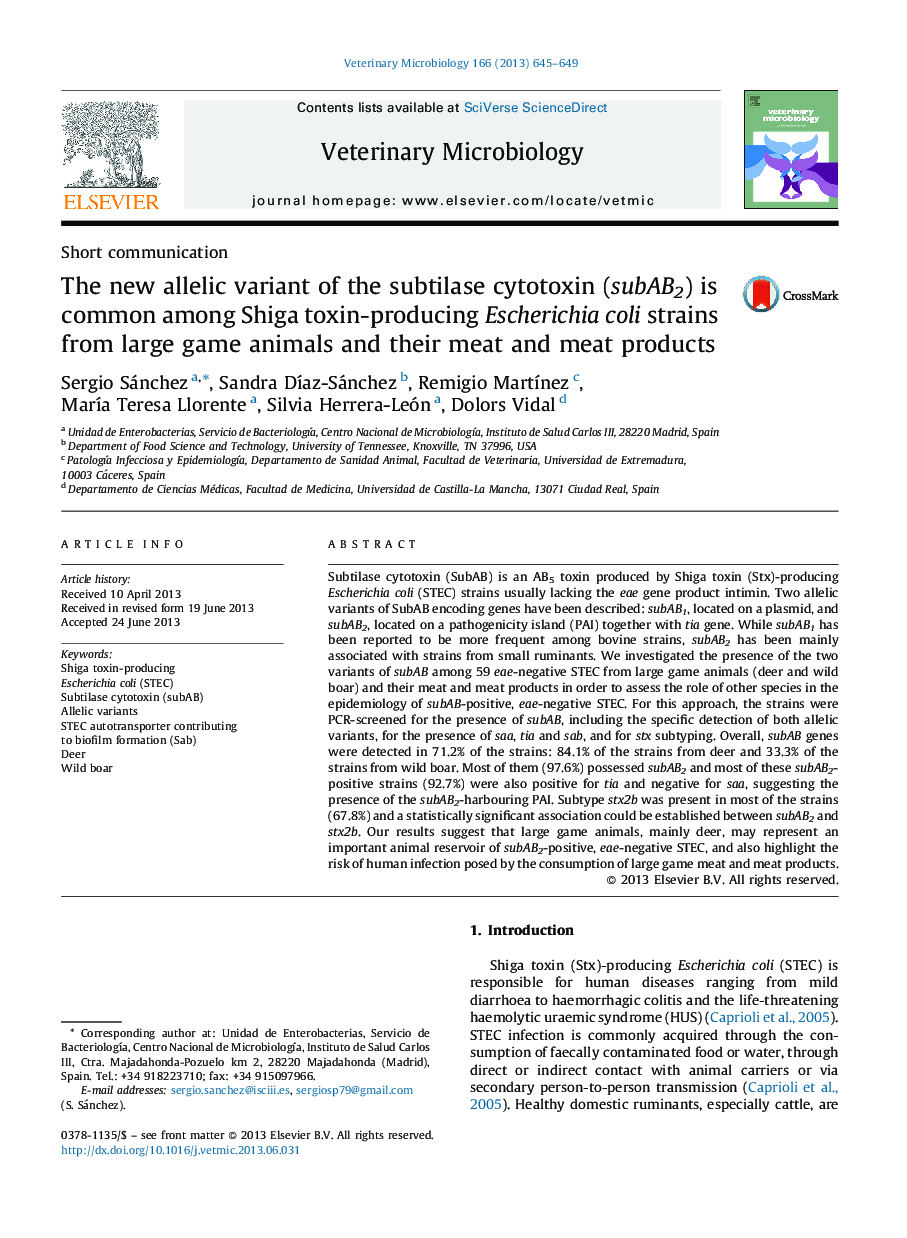 The new allelic variant of the subtilase cytotoxin (subAB2) is common among Shiga toxin-producing Escherichia coli strains from large game animals and their meat and meat products