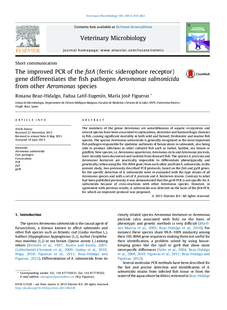 The improved PCR of the fstA (ferric siderophore receptor) gene differentiates the fish pathogen Aeromonas salmonicida from other Aeromonas species