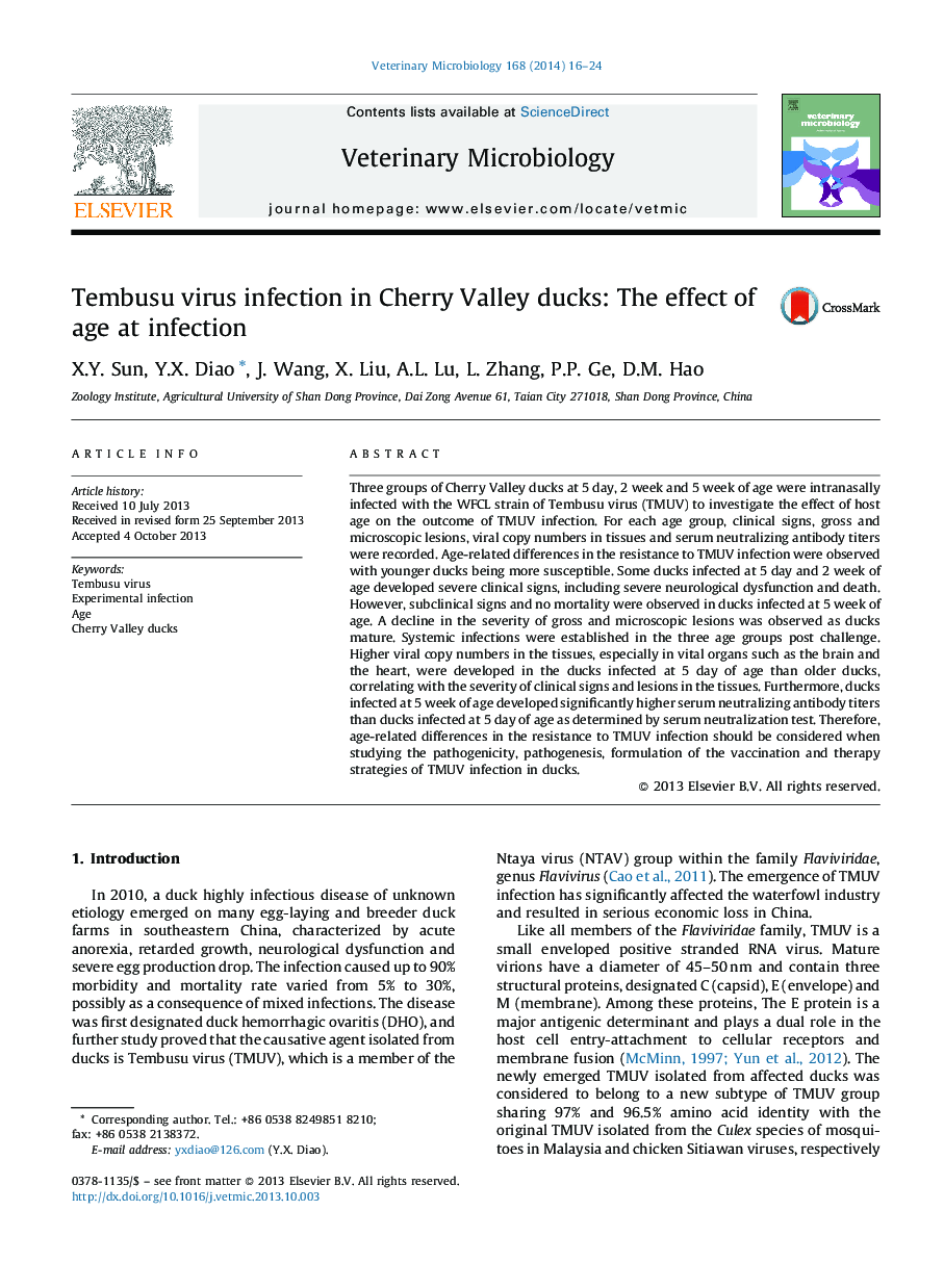 Tembusu virus infection in Cherry Valley ducks: The effect of age at infection