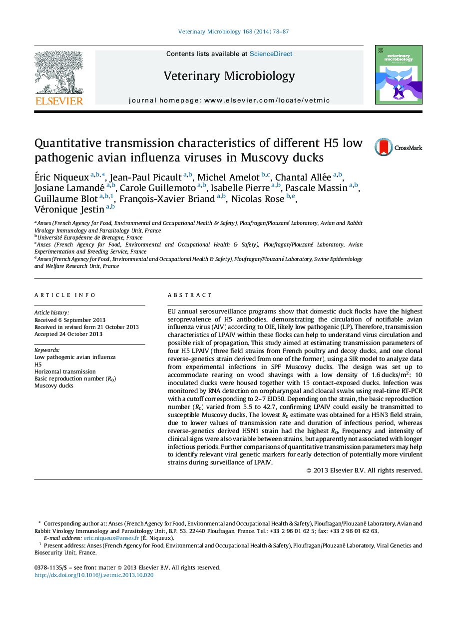 Quantitative transmission characteristics of different H5 low pathogenic avian influenza viruses in Muscovy ducks