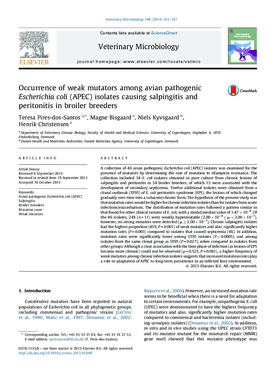 Occurrence of weak mutators among avian pathogenic Escherichia coli (APEC) isolates causing salpingitis and peritonitis in broiler breeders