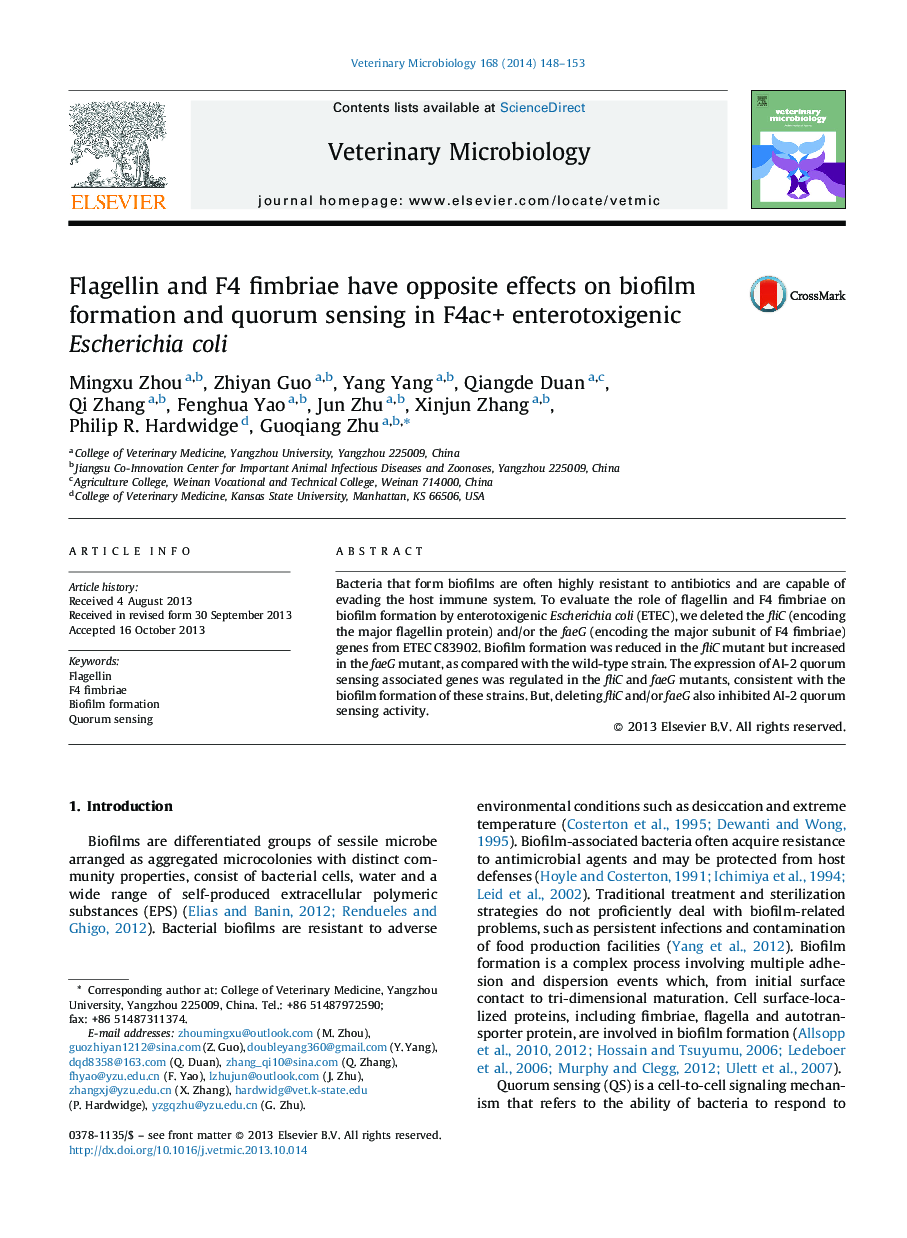 Flagellin and F4 fimbriae have opposite effects on biofilm formation and quorum sensing in F4ac+ enterotoxigenic Escherichia coli