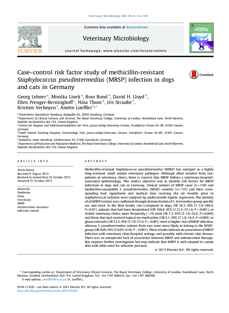 Case-control risk factor study of methicillin-resistant Staphylococcus pseudintermedius (MRSP) infection in dogs and cats in Germany