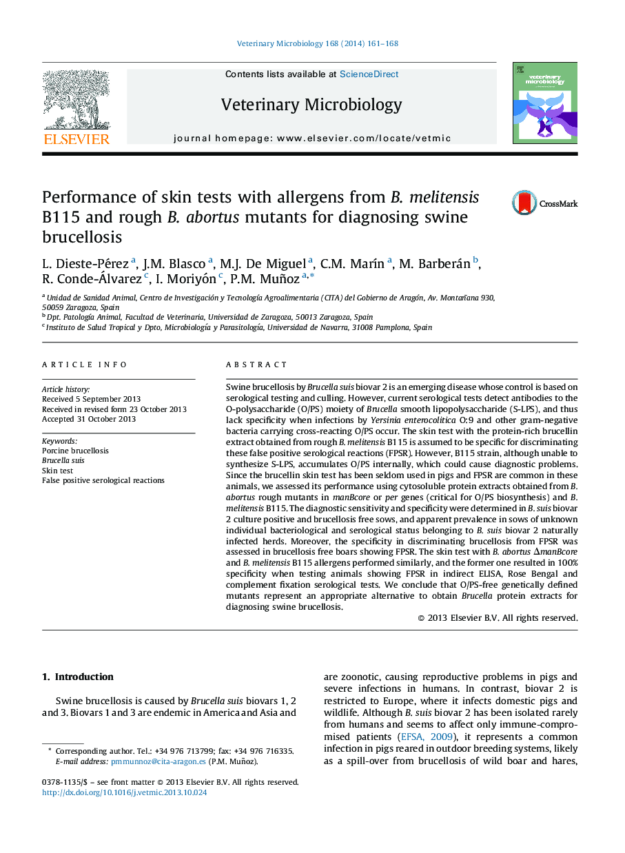 Performance of skin tests with allergens from B. melitensis B115 and rough B. abortus mutants for diagnosing swine brucellosis