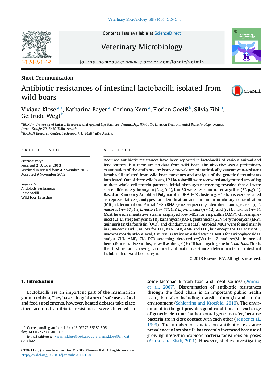 Antibiotic resistances of intestinal lactobacilli isolated from wild boars