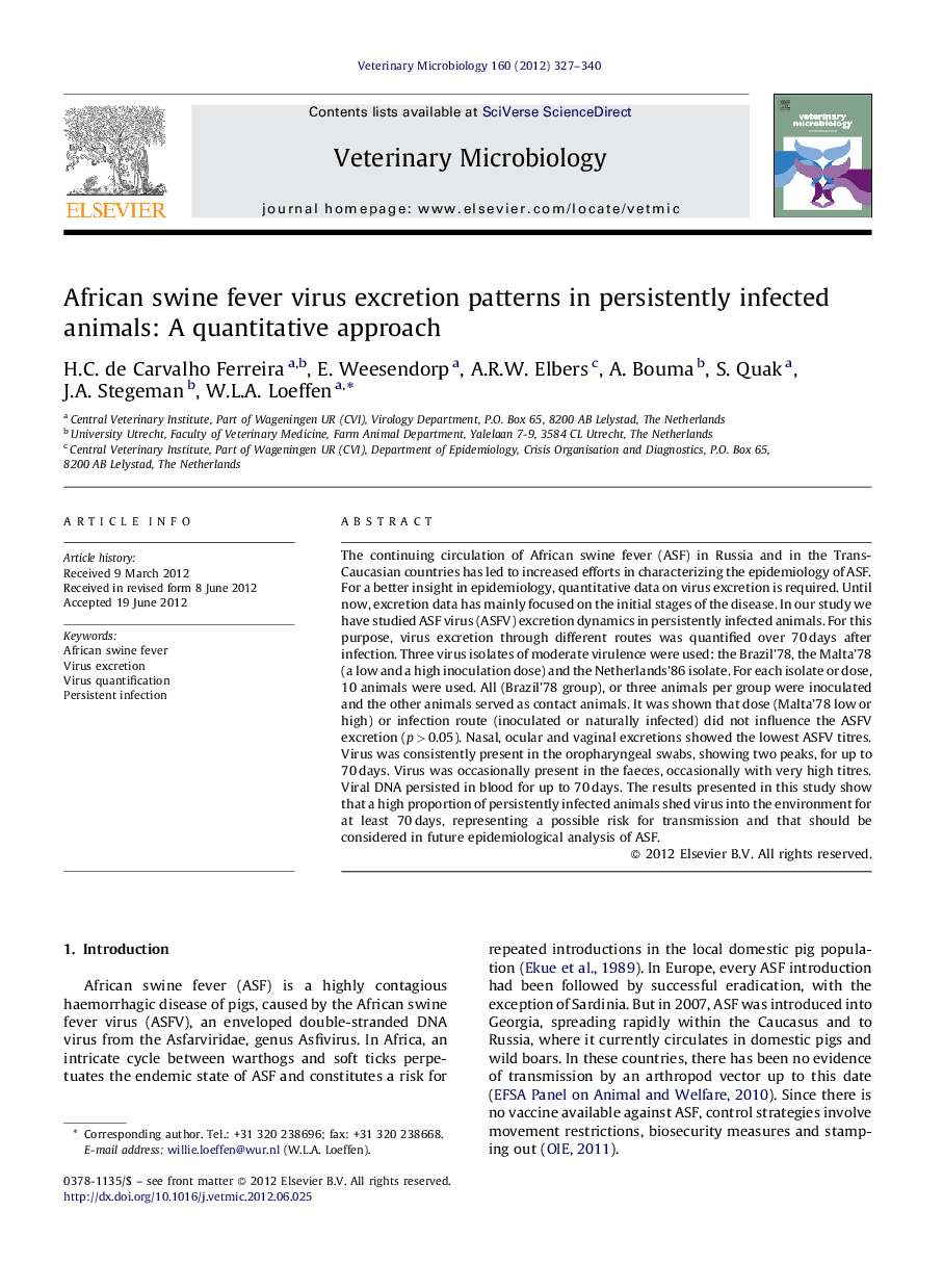 African swine fever virus excretion patterns in persistently infected animals: A quantitative approach