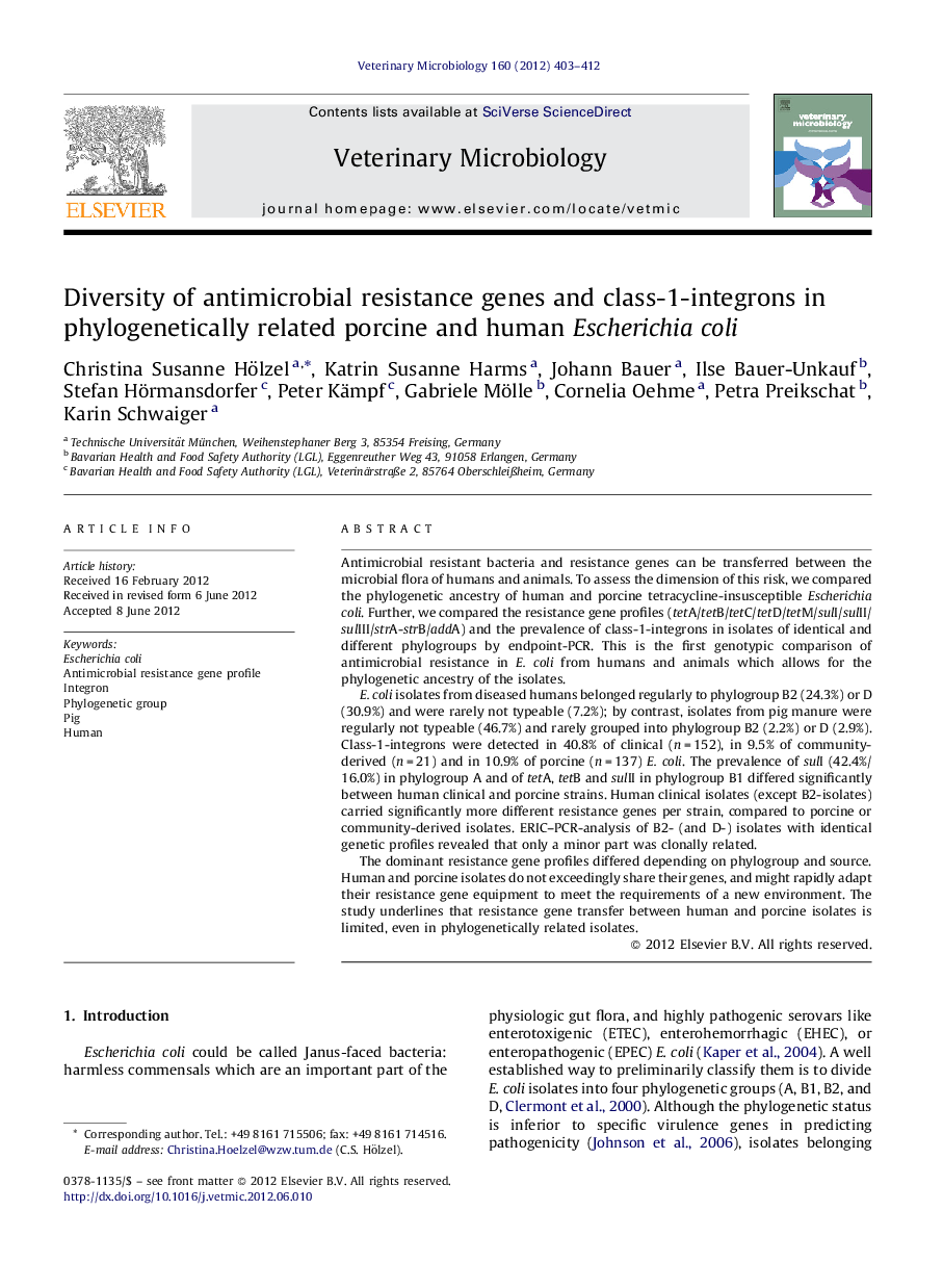 Diversity of antimicrobial resistance genes and class-1-integrons in phylogenetically related porcine and human Escherichia coli