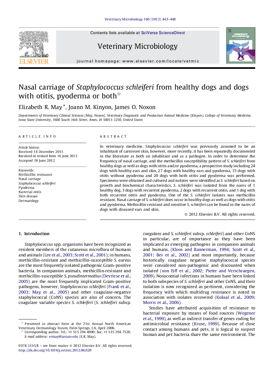 Nasal carriage of Staphylococcus schleiferi from healthy dogs and dogs with otitis, pyoderma or both